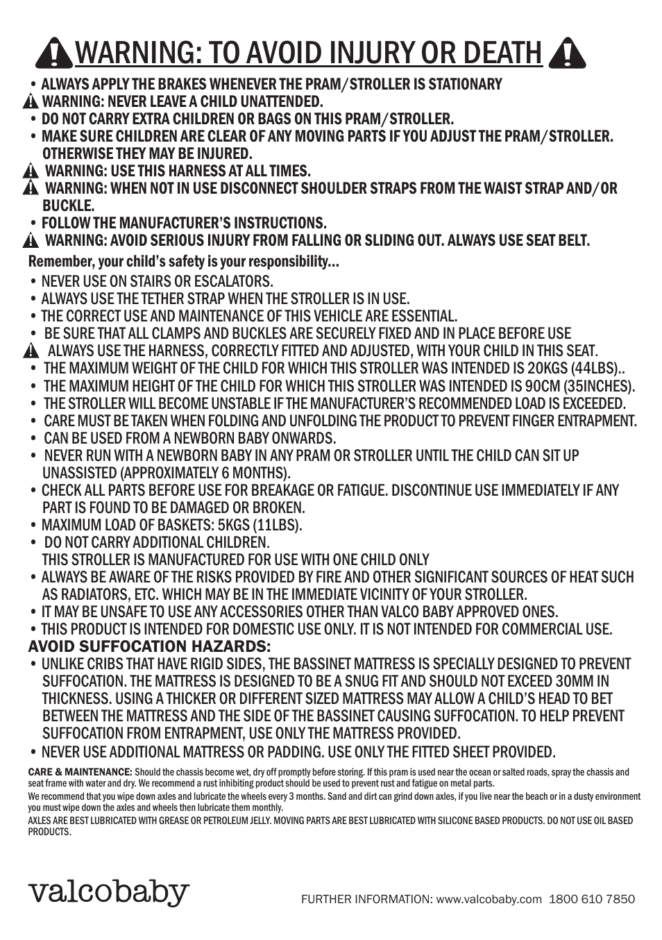 Warning: to avoid injury or death | Valco Baby Spark User Manual | Page 8 / 8