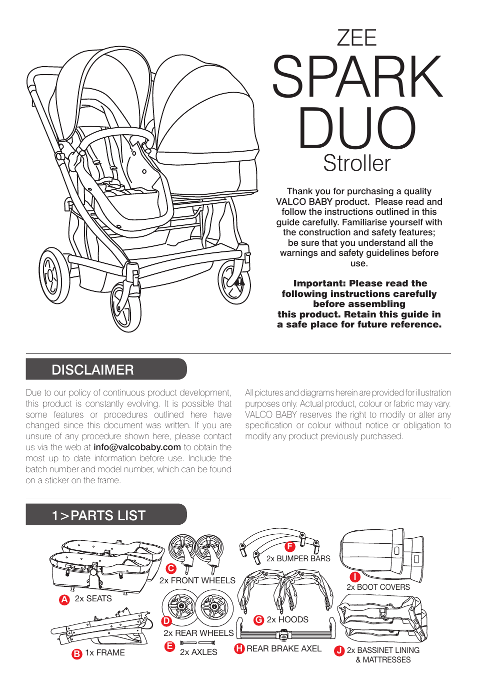 Spark duo, Stroller, 1>parts list disclaimer | Valco Baby Spark Duo User Manual | Page 2 / 8