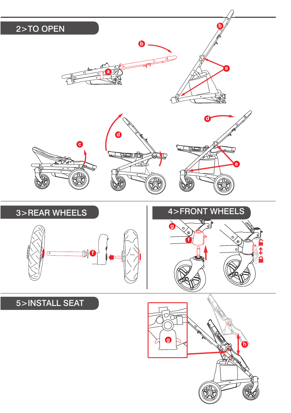 5>install seat, 2>to open 3>rear wheels 4>front wheels | Valco Baby Spark Duo User Manual | Page 3 / 8