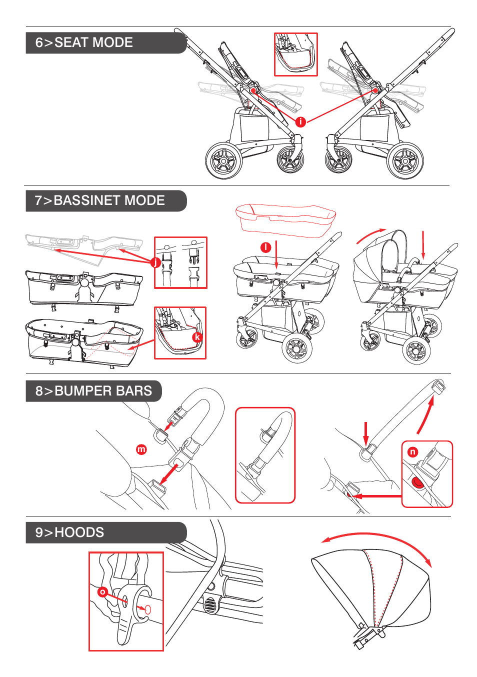 6>seat mode 7>bassinet mode 9>hoods 8>bumper bars | Valco Baby Spark Duo User Manual | Page 4 / 8