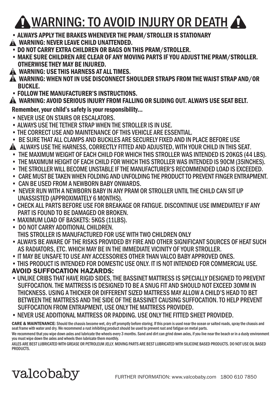 Warning: to avoid injury or death | Valco Baby Spark Duo User Manual | Page 8 / 8