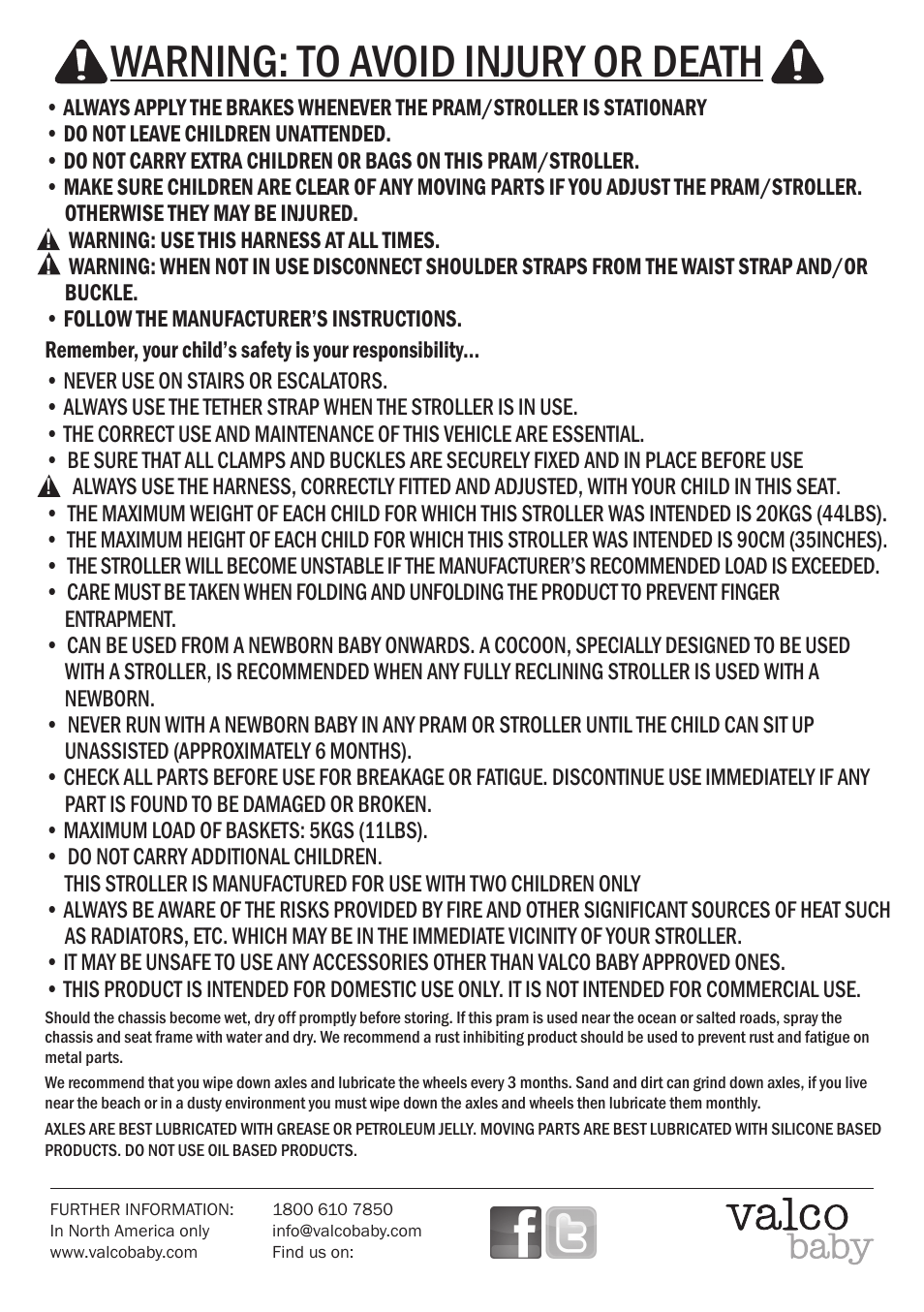 Warning: to avoid injury or death | Valco Baby Snap Duo User Manual | Page 8 / 8