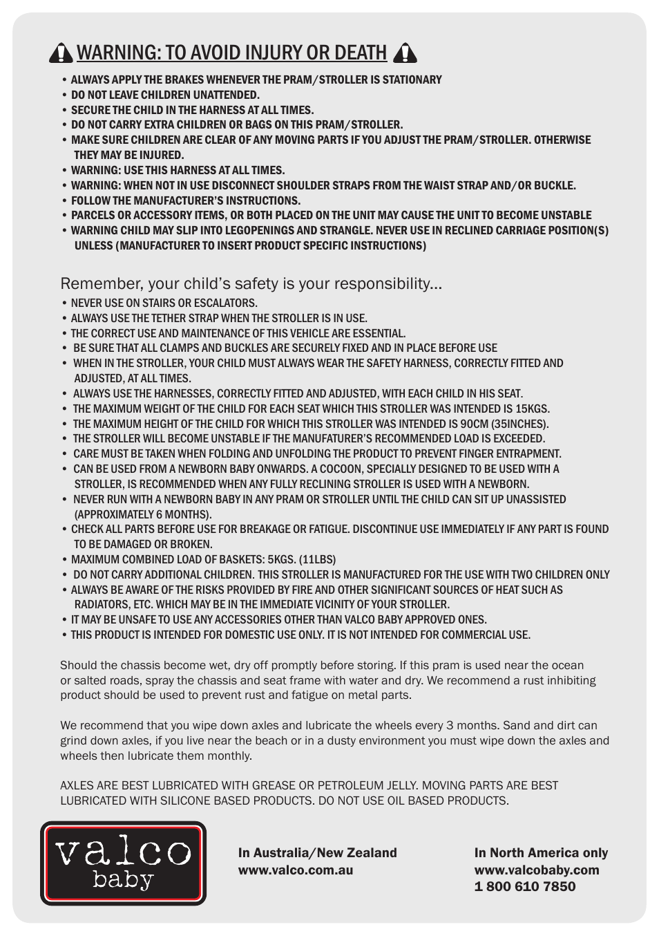 Warning: to avoid injury or death | Valco Baby Zee Two User Manual | Page 8 / 8