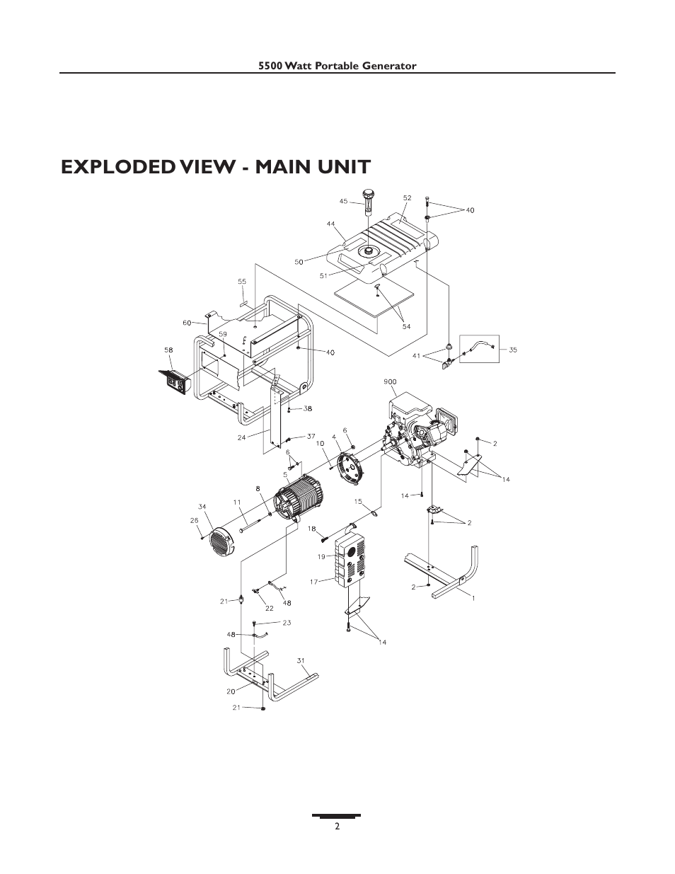 Exploded view - main unit | Briggs & Stratton 01654 (5500W) User Manual | Page 2 / 6
