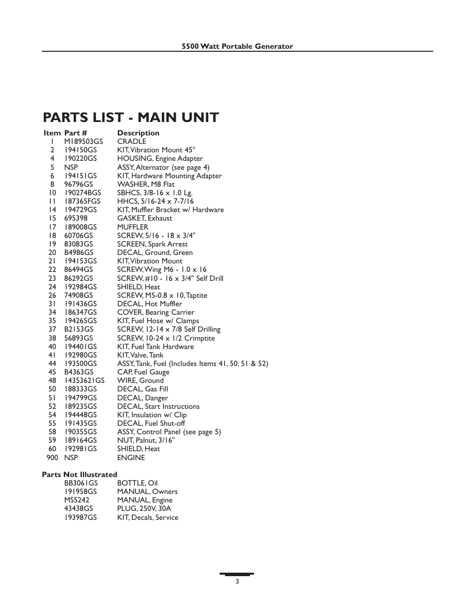 Parts list - main unit | Briggs & Stratton 01654 (5500W) User Manual | Page 3 / 6