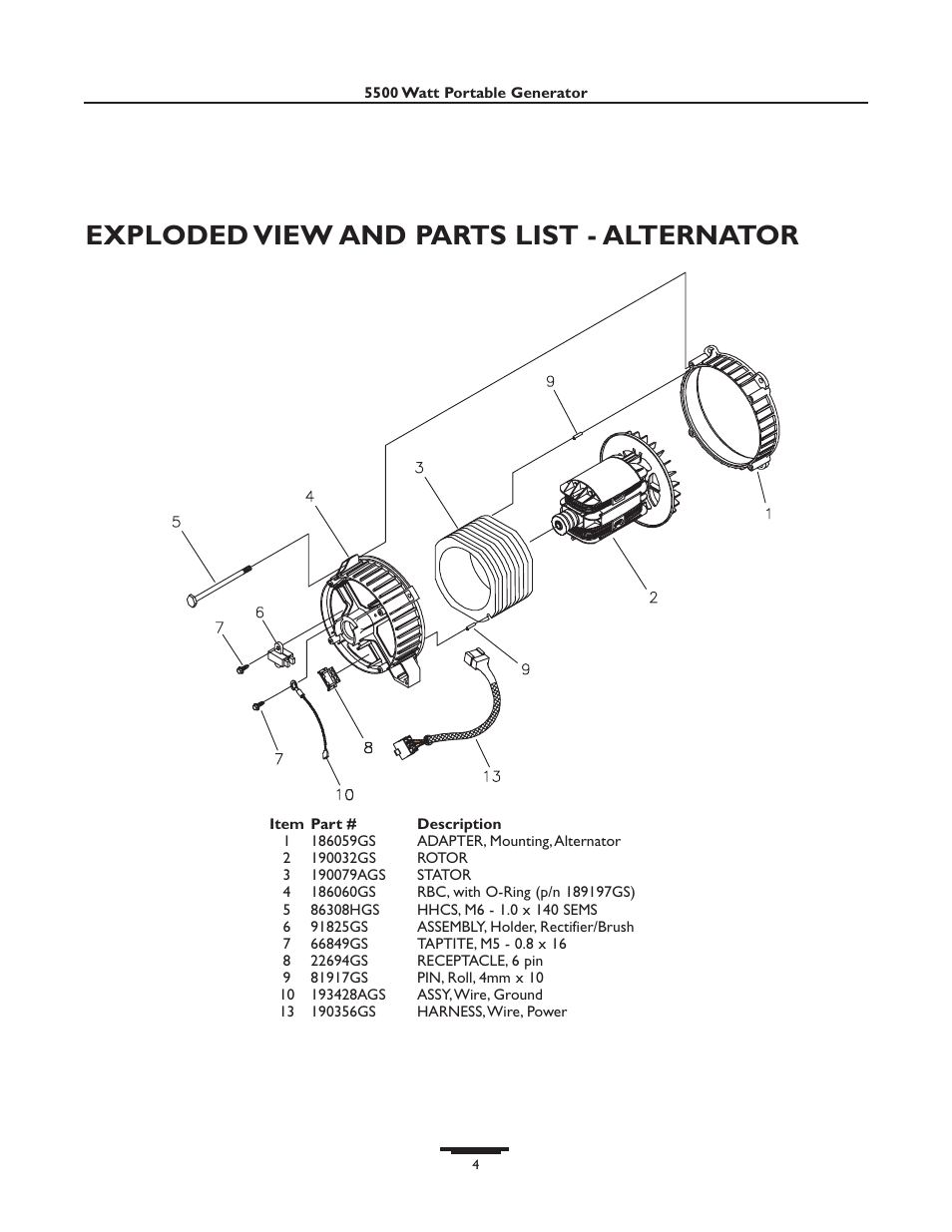 Exploded view and parts list - alternator | Briggs & Stratton 01654 (5500W) User Manual | Page 4 / 6