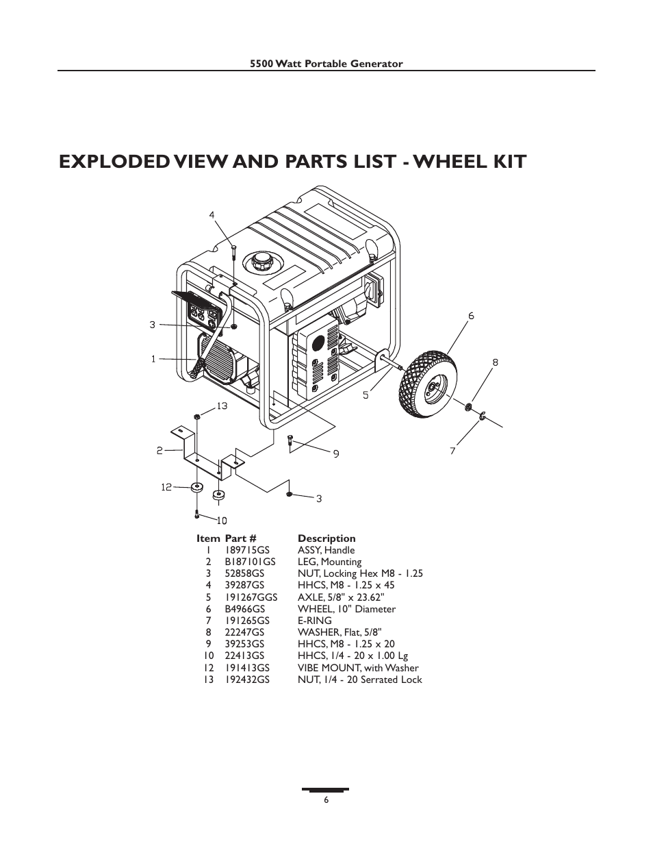 Exploded view and parts list - wheel kit | Briggs & Stratton 01654 (5500W) User Manual | Page 6 / 6