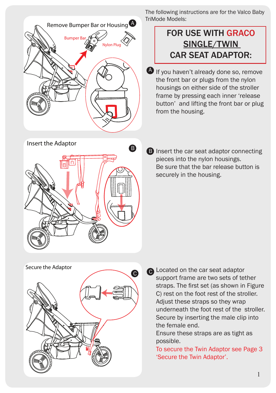 For use with graco single/twin car seat adaptor | Valco Baby Tri-mode Graco User Manual | Page 2 / 8