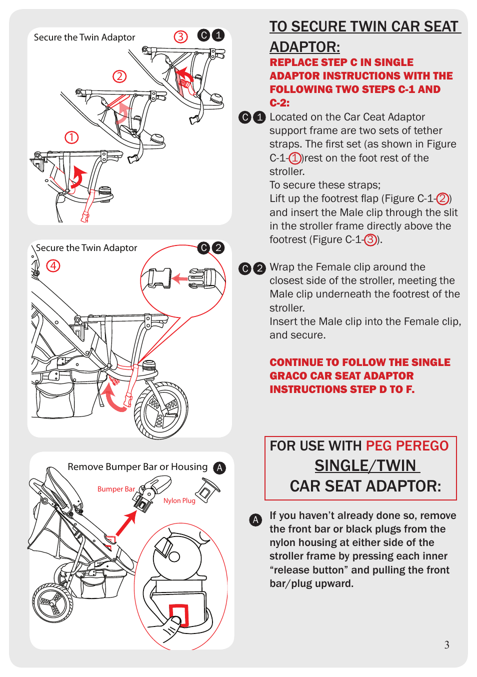 Single/twin car seat adaptor, For use with peg perego | Valco Baby Tri-mode Graco User Manual | Page 4 / 8