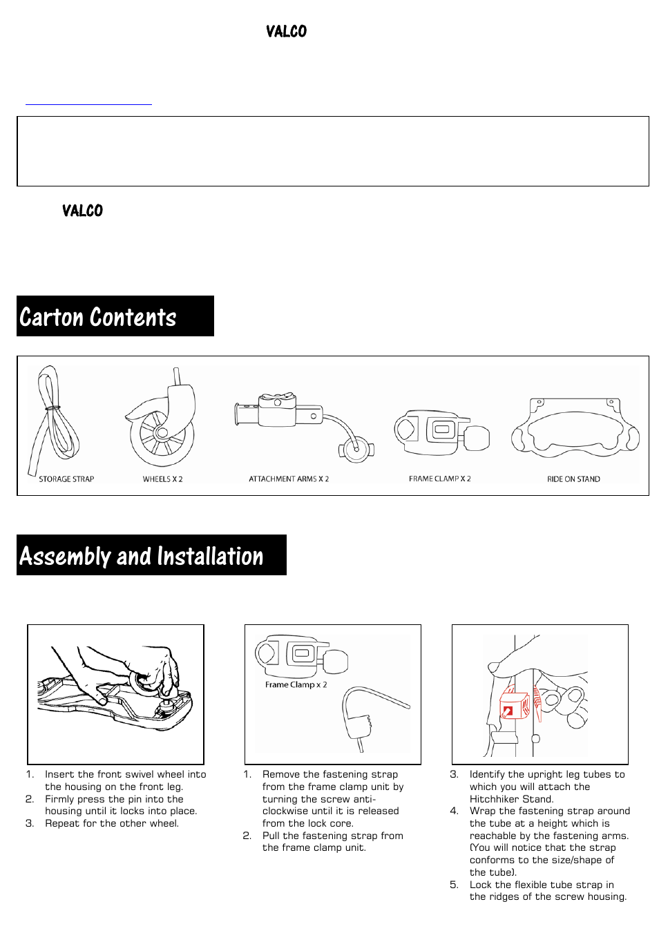 Carton contents, Assembly and installation, Valco | Valco Baby Hitch Hiker User Manual | Page 2 / 4