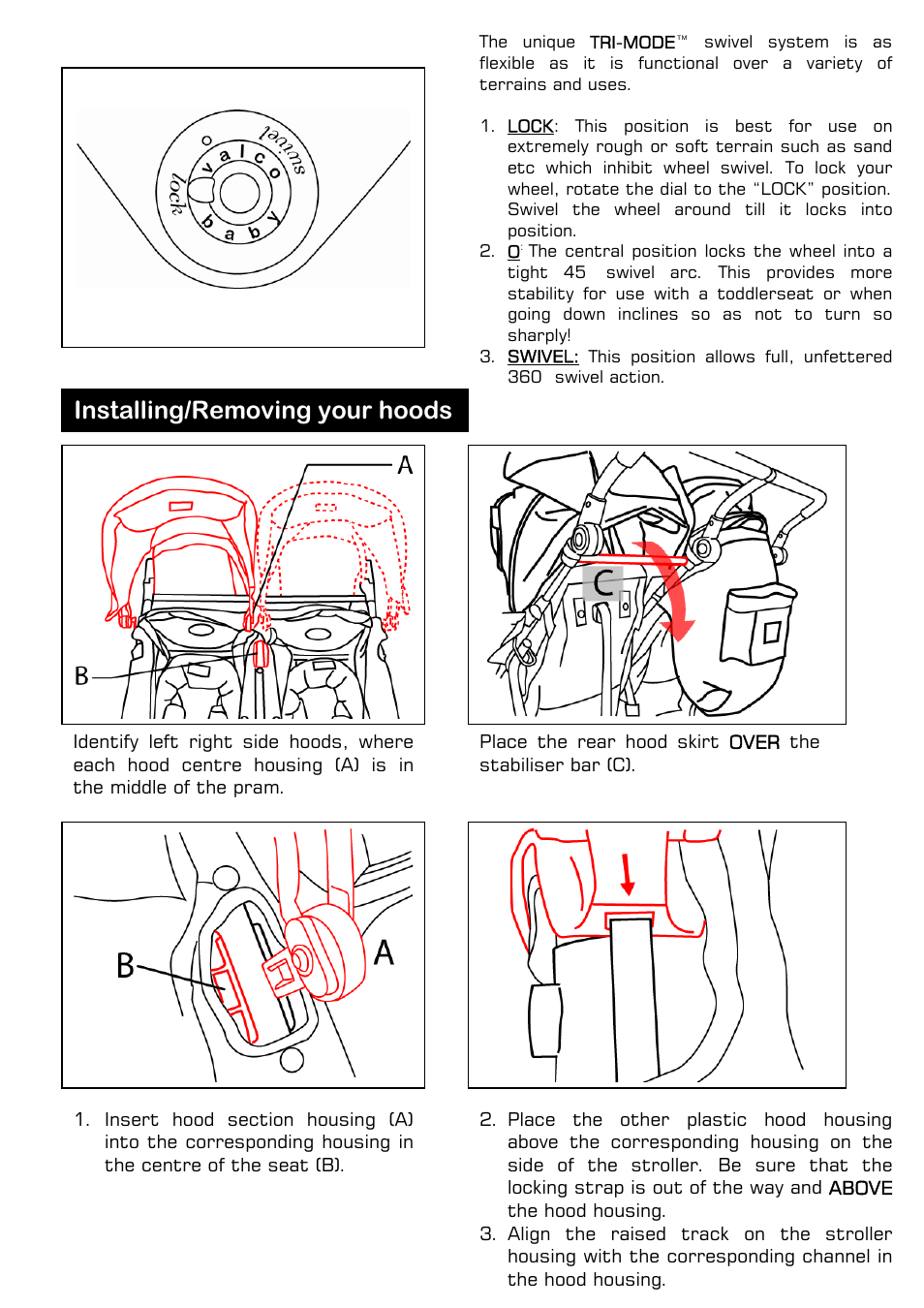 Installing/removing your hoods | Valco Baby Twin Tri Mode User Manual | Page 7 / 16