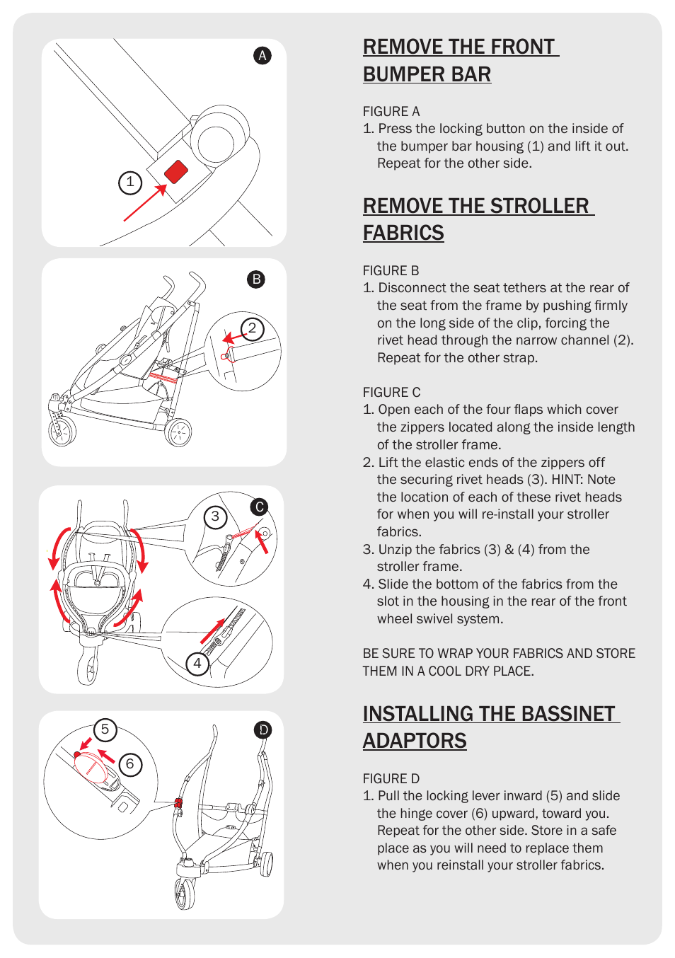 Remove the front bumper bar, Remove the stroller fabrics, Installing the bassinet adaptors | Valco Baby Buggster Bassinet User Manual | Page 2 / 4