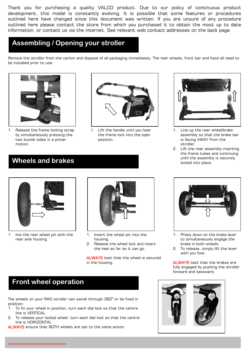 Assembling / opening your stroller, Wheels and brakes, Front wheel operation | Valco Baby RAD User Manual | Page 2 / 4