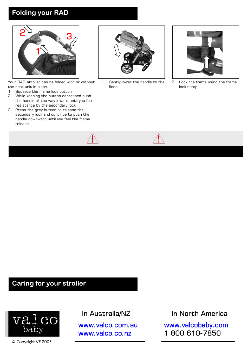 Warnings, Folding your rad, Your child’s safety is your responsibility | Caring for your stroller | Valco Baby RAD User Manual | Page 4 / 4