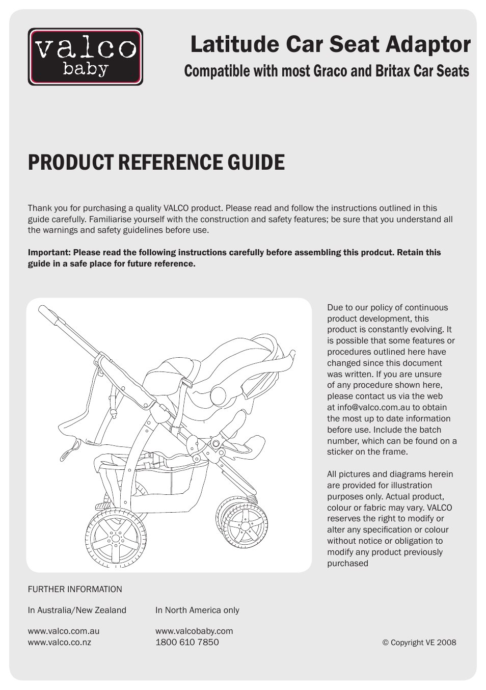 Valco Baby Latitude Graco/Britax Car Seat Adaptor User Manual | 4 pages