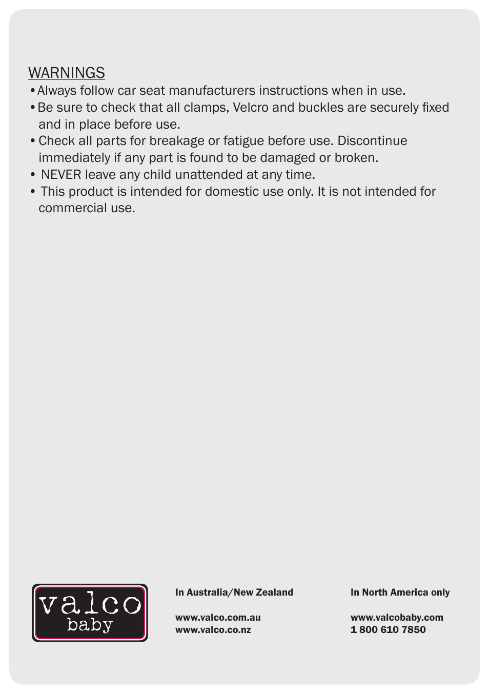 Warnings | Valco Baby Latitude Graco/Britax Car Seat Adaptor User Manual | Page 4 / 4