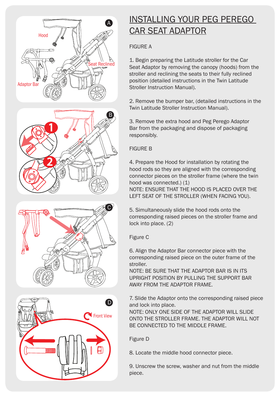 Installing your peg perego car seat adaptor | Valco Baby Twin Latitude Peg Perego Adaptor User Manual | Page 2 / 4