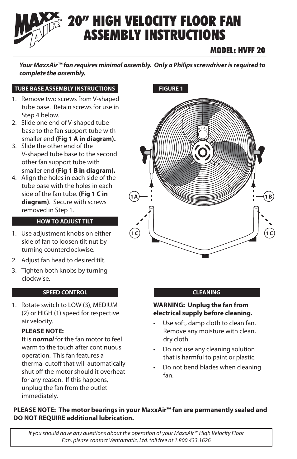 20” high velocity floor fan assembly instructions, Model: hvff 20 | Ventamatic HVFF 20 User Manual | Page 2 / 4