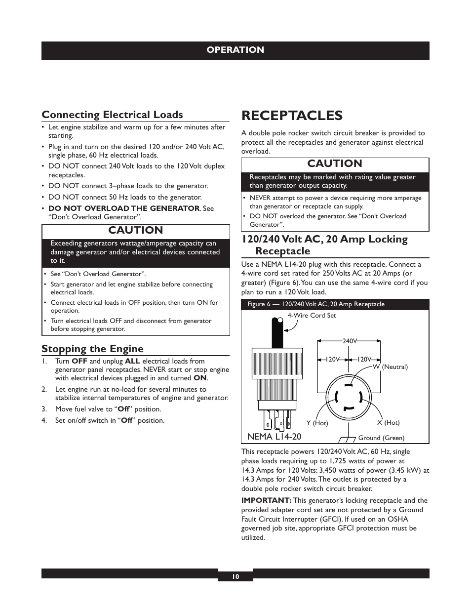Receptacles, Connecting electrical loads, Stopping the engine | Caution | Briggs & Stratton 30236 User Manual | Page 10 / 72