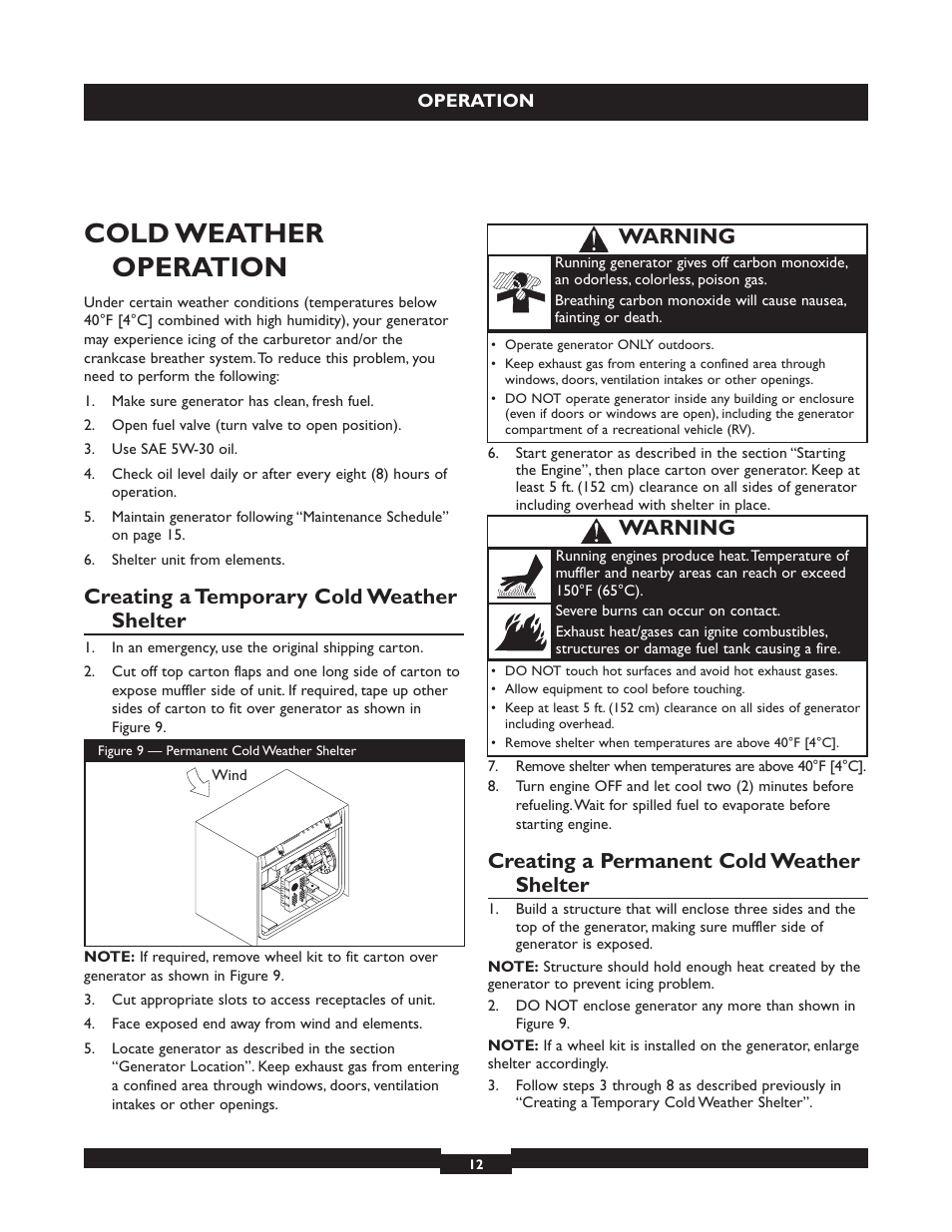 Cold weather operation, Creating a temporary cold weather shelter, Creating a permanent cold weather shelter | Warning | Briggs & Stratton 30236 User Manual | Page 12 / 72