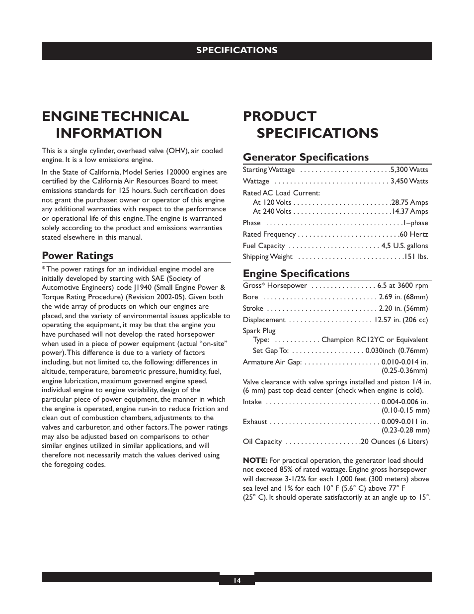 Engine technical information, Product specifications, Power ratings | Generator specifications, Engine specifications | Briggs & Stratton 30236 User Manual | Page 14 / 72