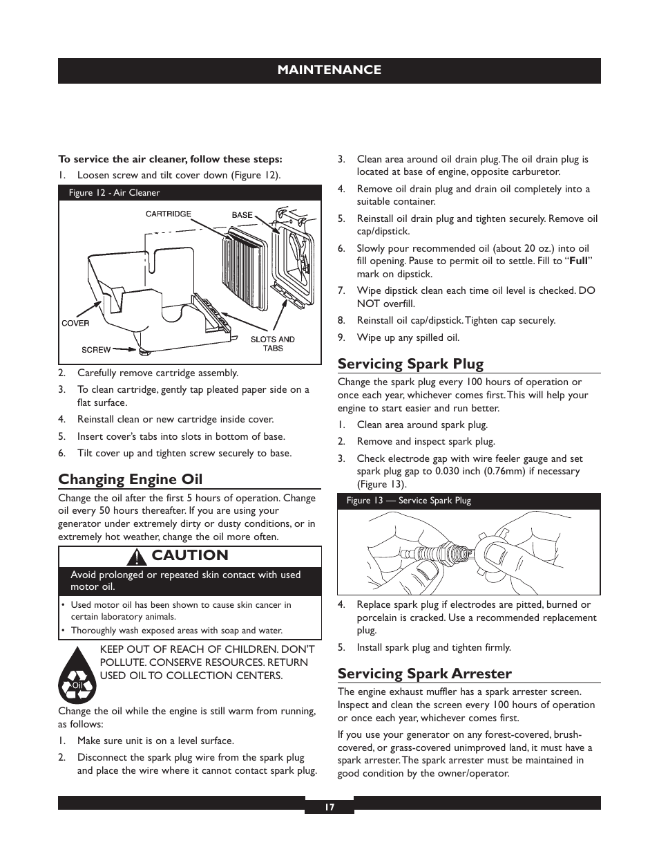 Changing engine oil, Servicing spark plug, Servicing spark arrester | Caution | Briggs & Stratton 30236 User Manual | Page 17 / 72