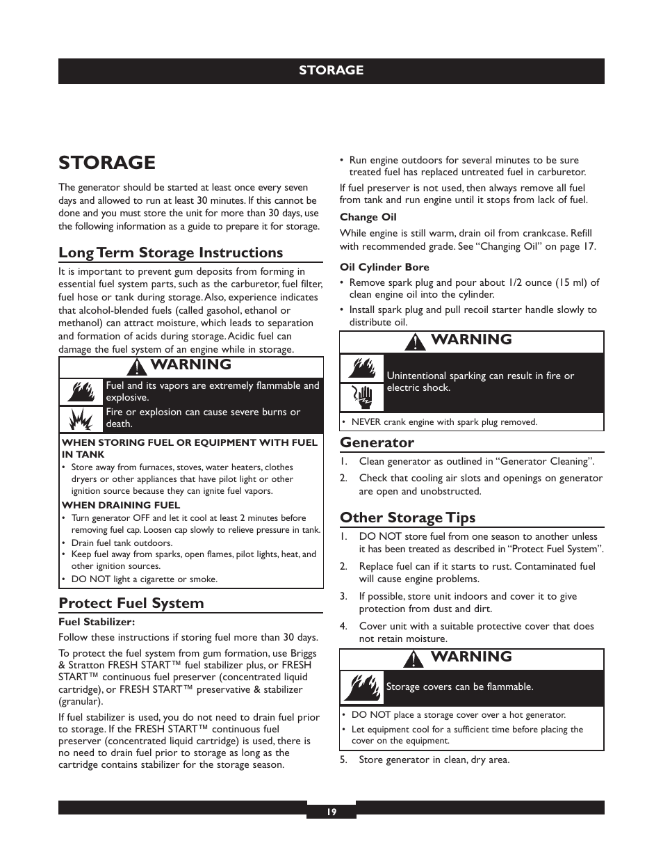 Storage, Long term storage instructions, Protect fuel system | Generator, Other storage tips, Warning | Briggs & Stratton 30236 User Manual | Page 19 / 72