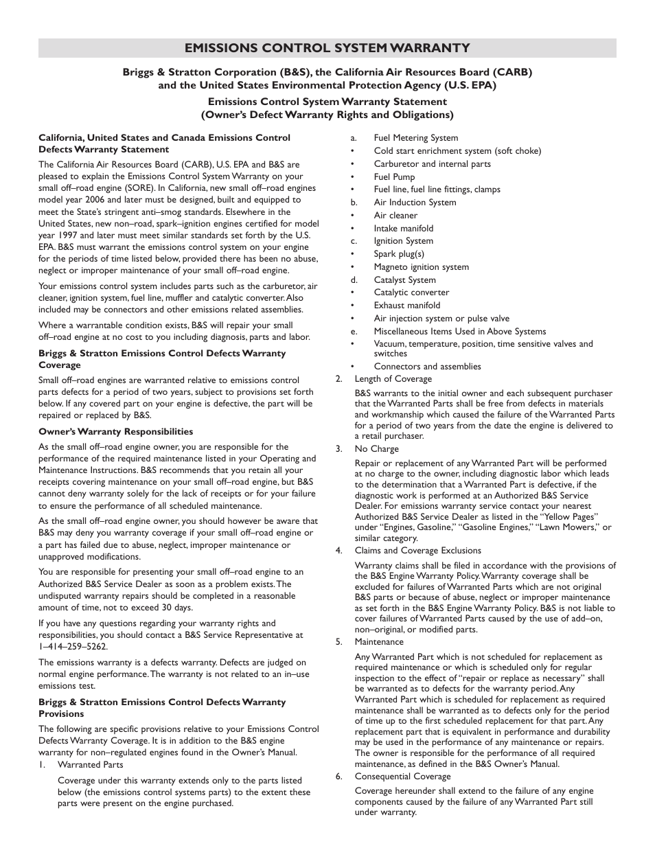 Emissions control system warranty | Briggs & Stratton 30236 User Manual | Page 22 / 72