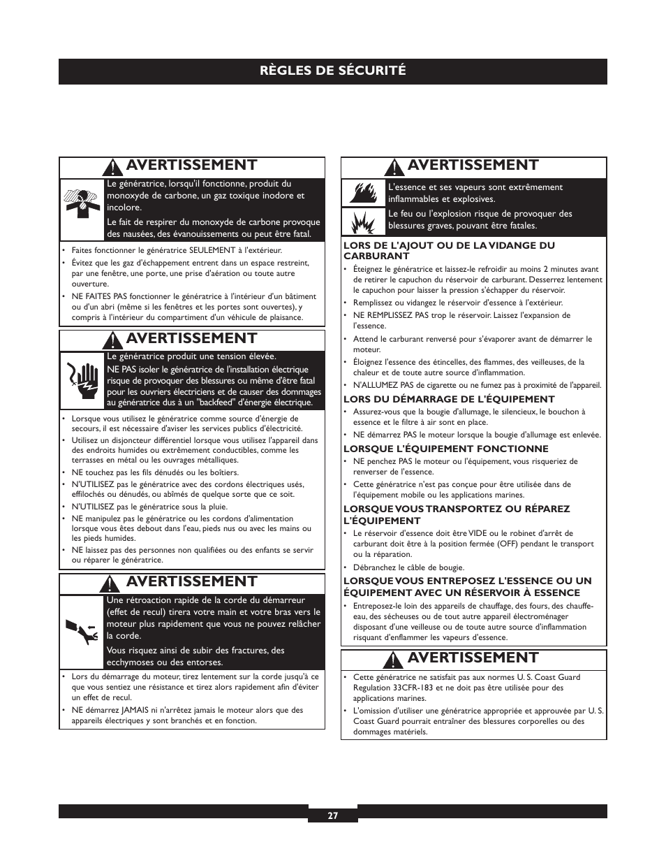 Avertissement, Règles de sécurité | Briggs & Stratton 30236 User Manual | Page 27 / 72