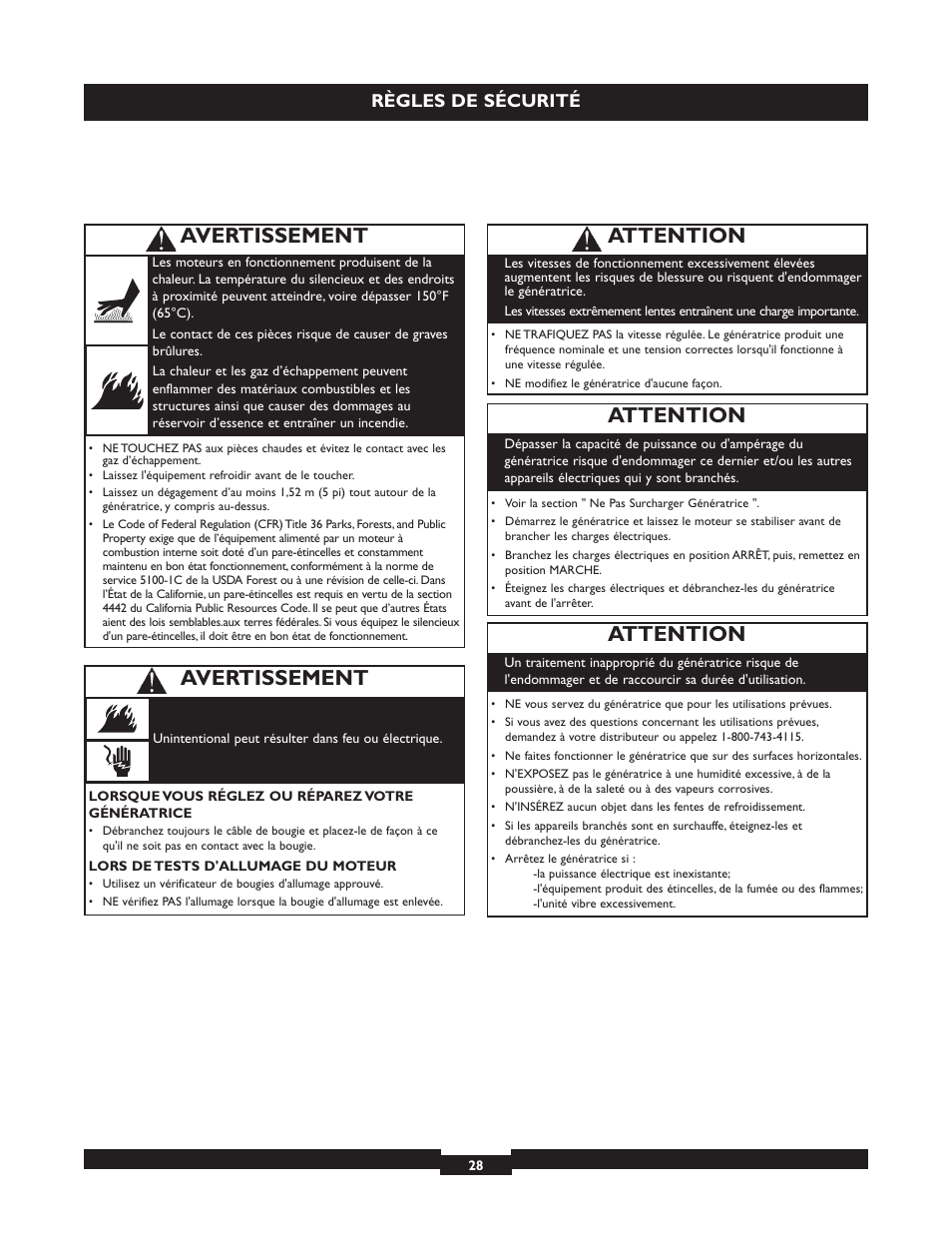 Attention, Avertissement, Règles de sécurité | Briggs & Stratton 30236 User Manual | Page 28 / 72