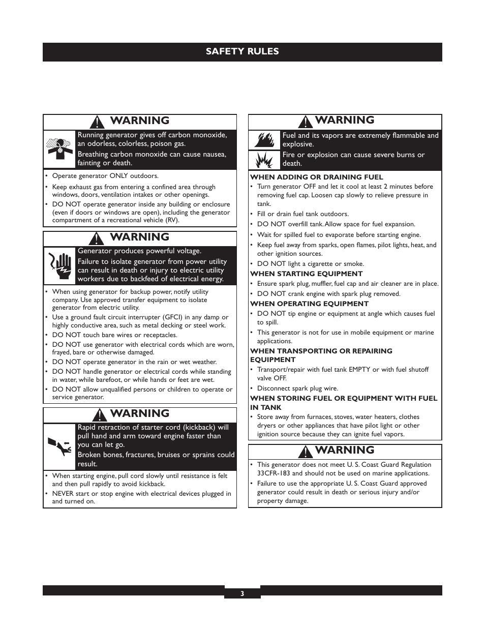 Warning | Briggs & Stratton 30236 User Manual | Page 3 / 72