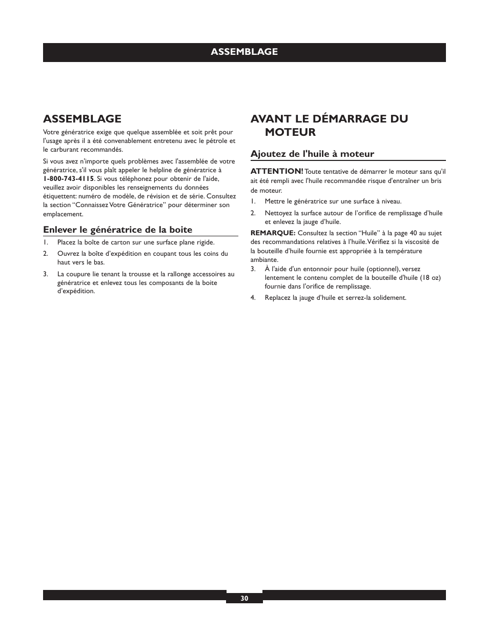 Assemblage, Avant le démarrage du moteur | Briggs & Stratton 30236 User Manual | Page 30 / 72