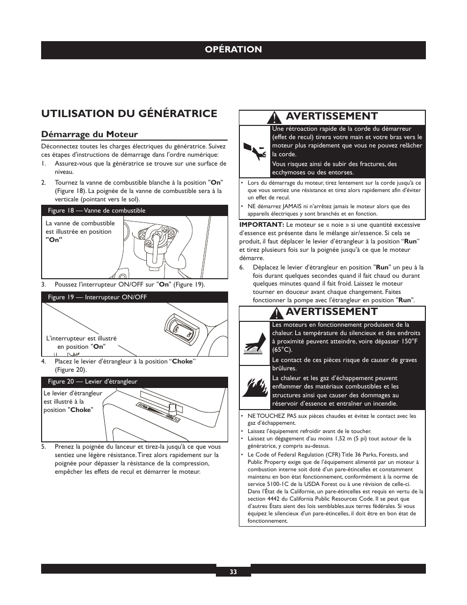 Utilisation du génératrice, Avertissement, Opération | Démarrage du moteur | Briggs & Stratton 30236 User Manual | Page 33 / 72