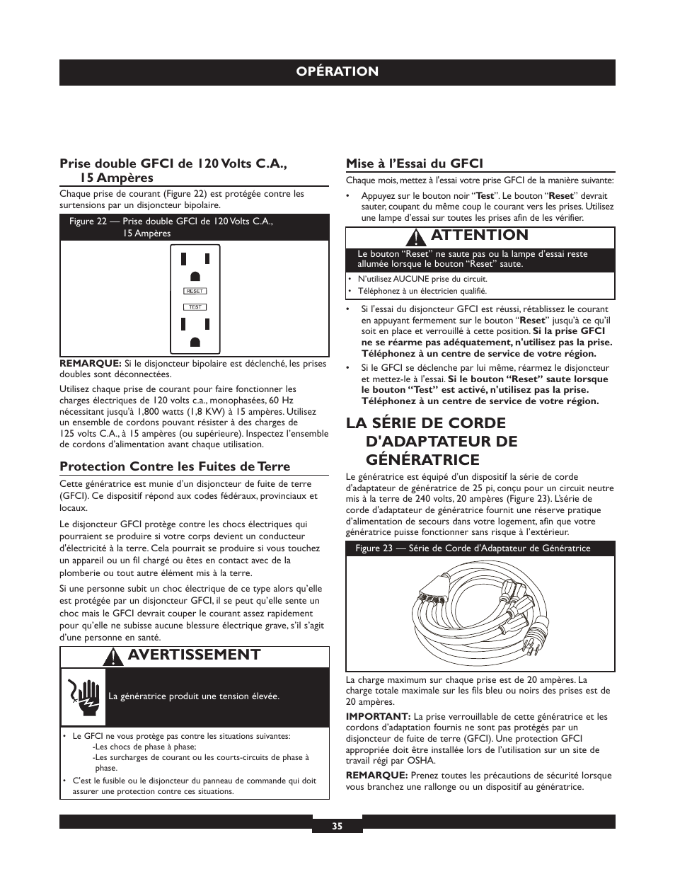 La série de corde d'adaptateur de génératrice, Avertissement, Attention | Briggs & Stratton 30236 User Manual | Page 35 / 72