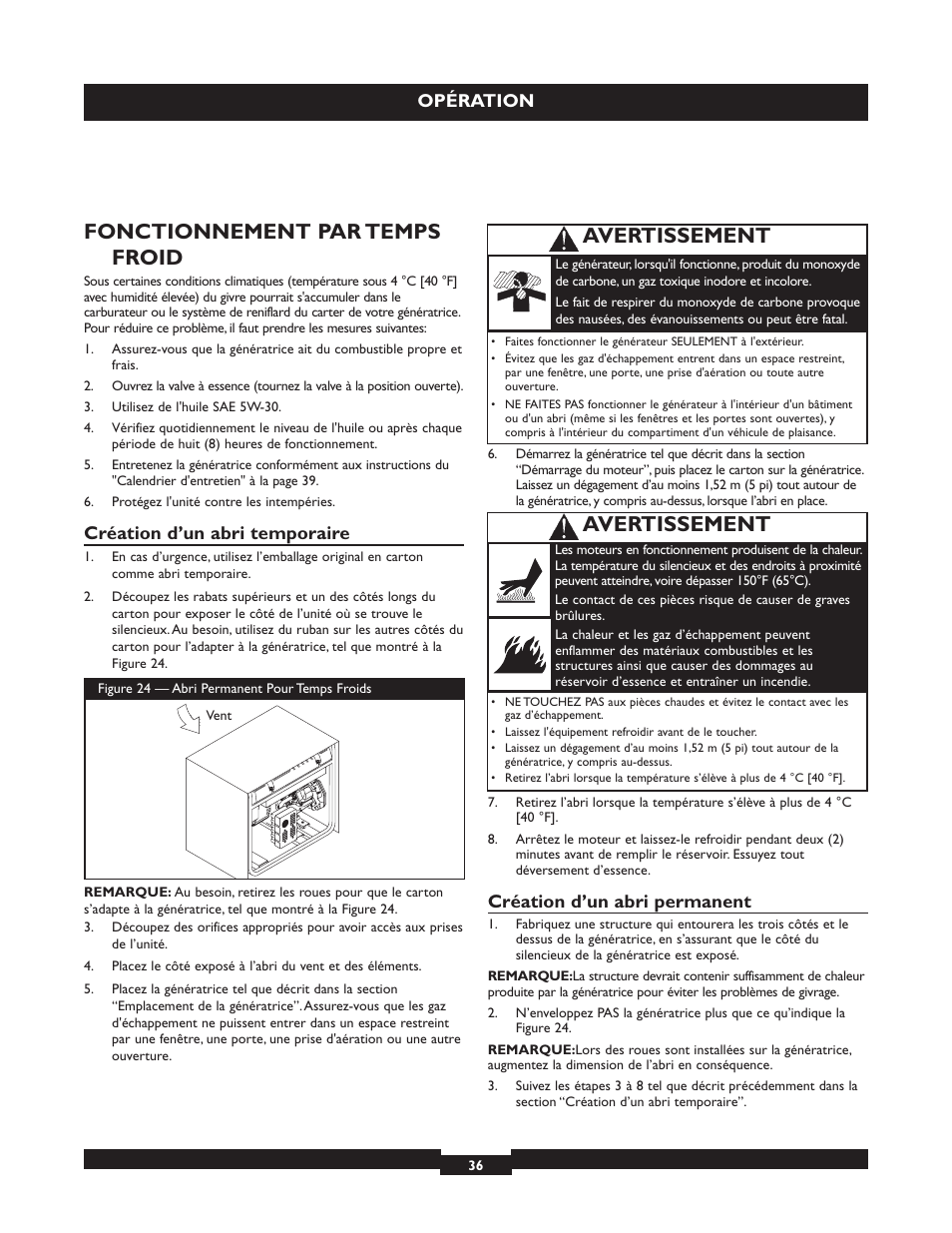 Fonctionnement par temps froid, Avertissement, Opération | Création d’un abri temporaire, Création d’un abri permanent | Briggs & Stratton 30236 User Manual | Page 36 / 72