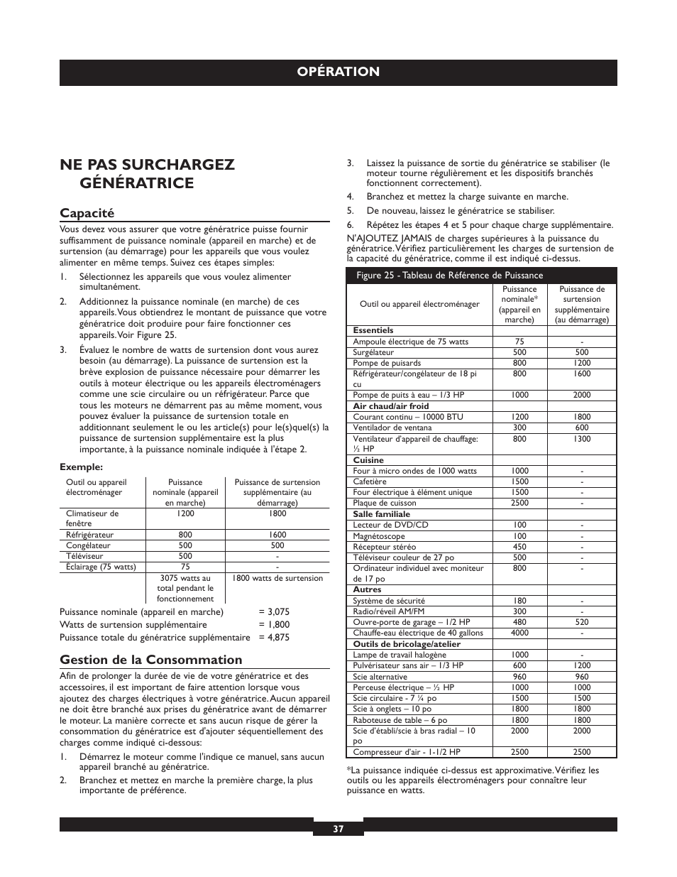 Ne pas surchargez génératrice, Opération, Capacité | Gestion de la consommation | Briggs & Stratton 30236 User Manual | Page 37 / 72