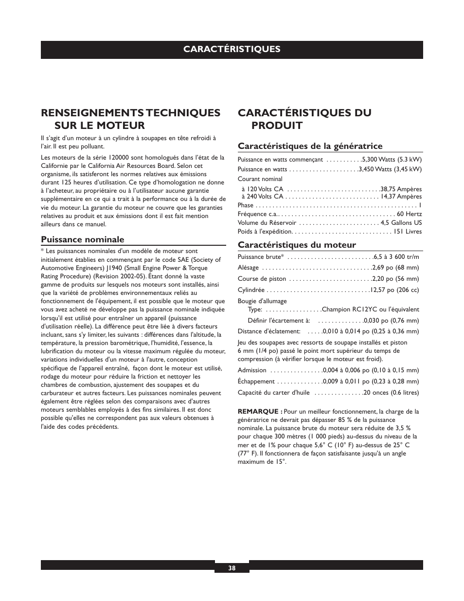 Renseignements techniques sur le moteur, Caractéristiques du produit | Briggs & Stratton 30236 User Manual | Page 38 / 72