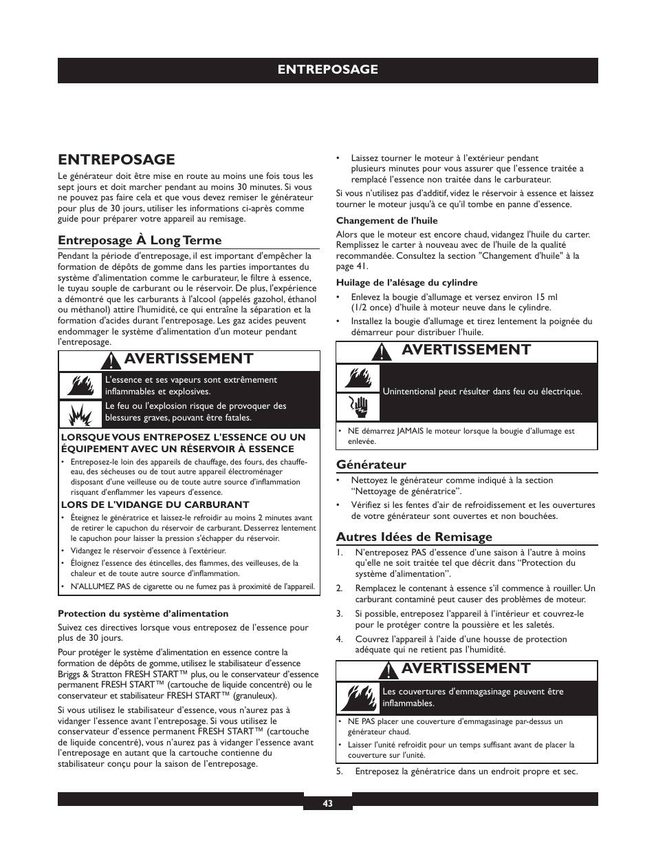 Avertissement, Entreposage, Entreposage à long terme | Générateur, Autres idées de remisage | Briggs & Stratton 30236 User Manual | Page 43 / 72