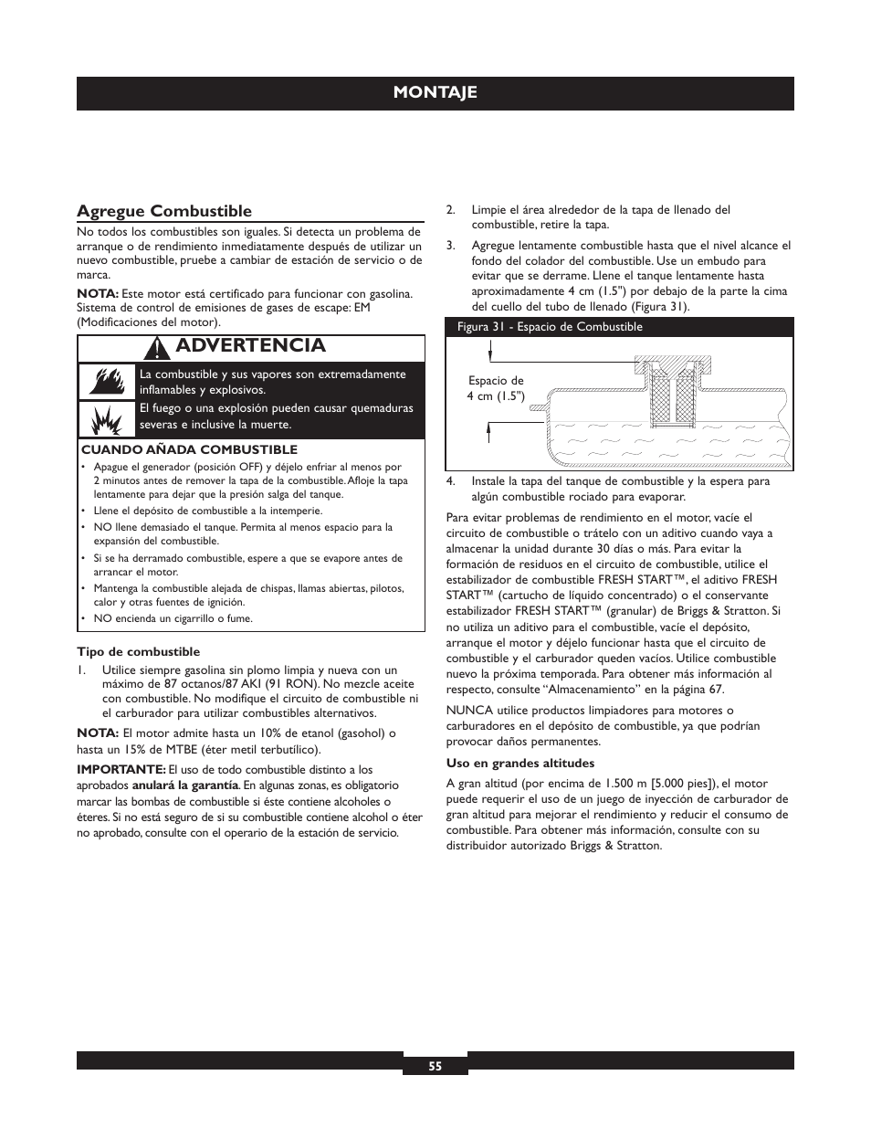Advertencia, Montaje, Agregue combustible | Briggs & Stratton 30236 User Manual | Page 55 / 72