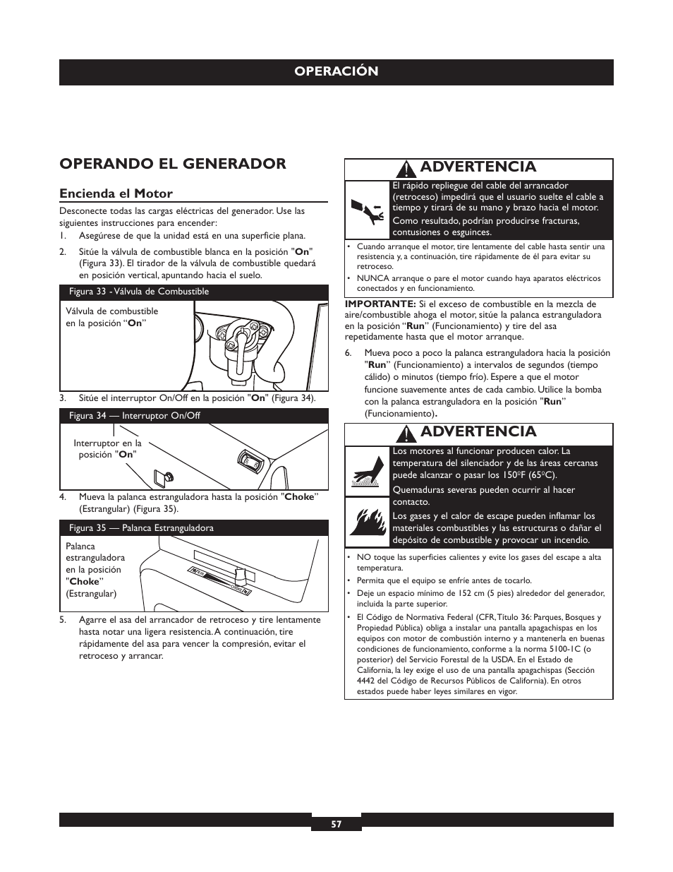 Operando el generador, Advertencia, Operación | Encienda el motor | Briggs & Stratton 30236 User Manual | Page 57 / 72