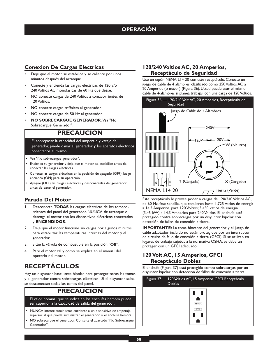 Receptáculos, Precaución, Operación | Conexion de cargas electricas, Parado del motor, Nema l14-20 | Briggs & Stratton 30236 User Manual | Page 58 / 72