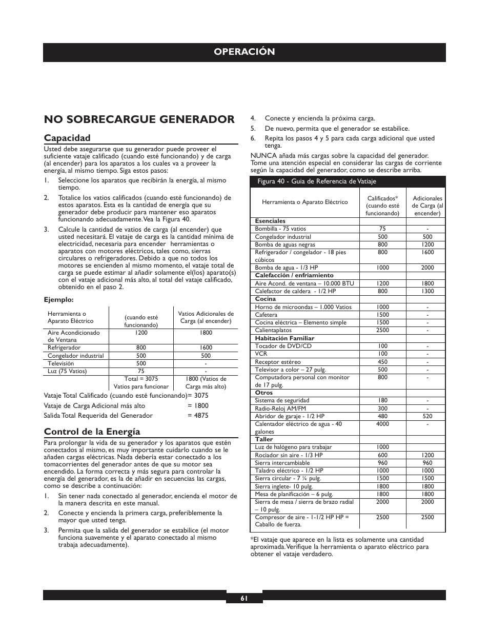No sobrecargue generador, Operación, Capacidad | Control de la energía | Briggs & Stratton 30236 User Manual | Page 61 / 72