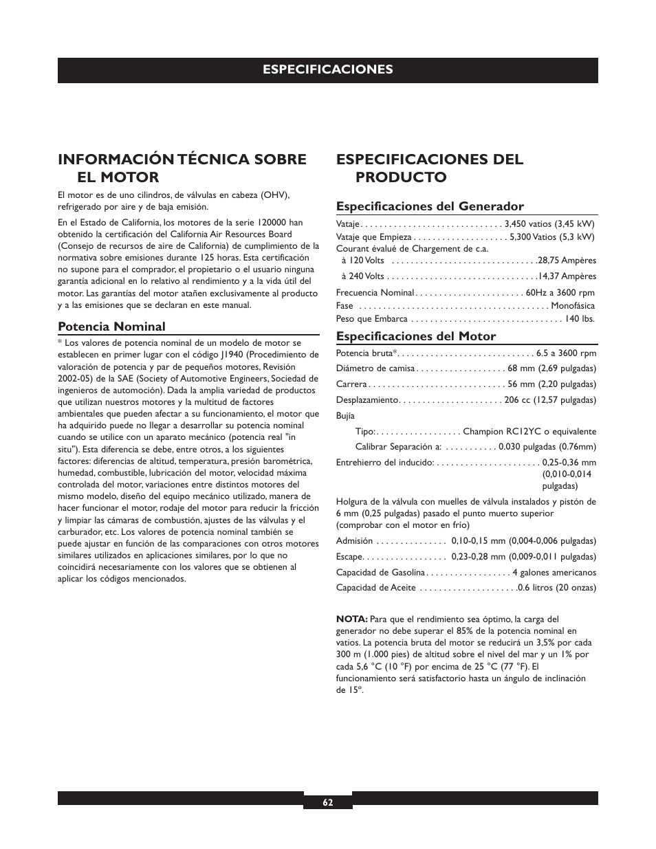 Información técnica sobre el motor, Especificaciones del producto | Briggs & Stratton 30236 User Manual | Page 62 / 72
