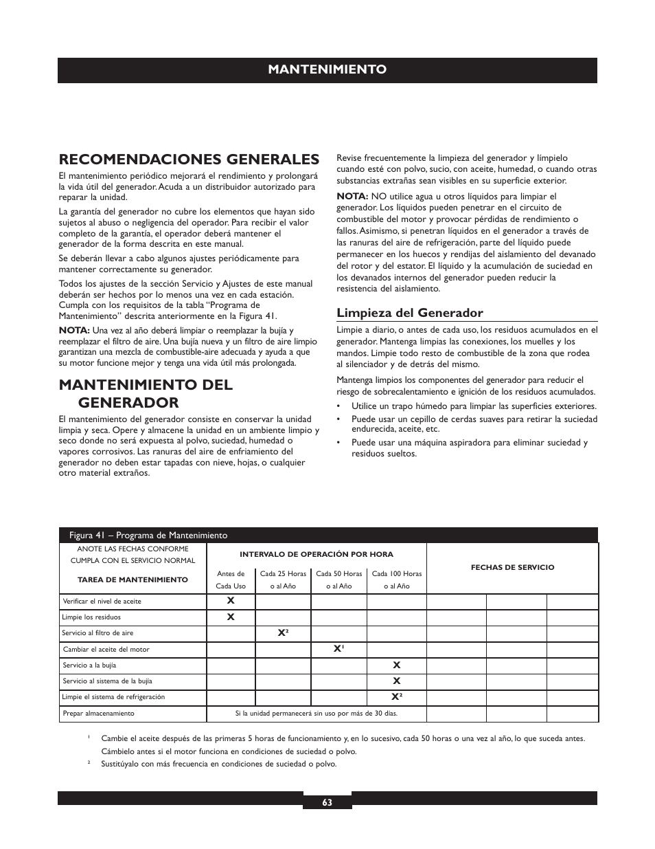 Recomendaciones generales, Mantenimiento del generador, Mantenimiento | Limpieza del generador | Briggs & Stratton 30236 User Manual | Page 63 / 72