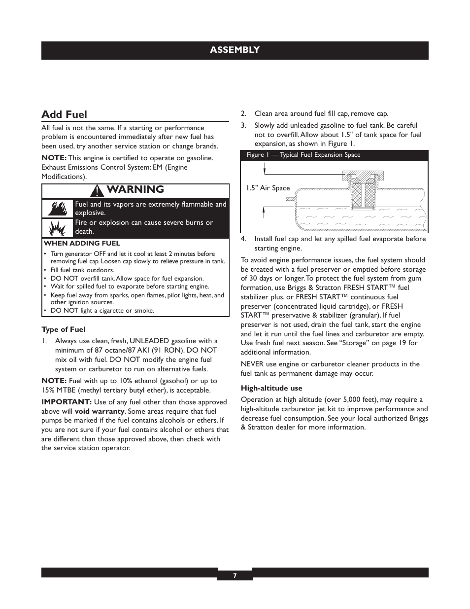 Add fuel, Warning | Briggs & Stratton 30236 User Manual | Page 7 / 72