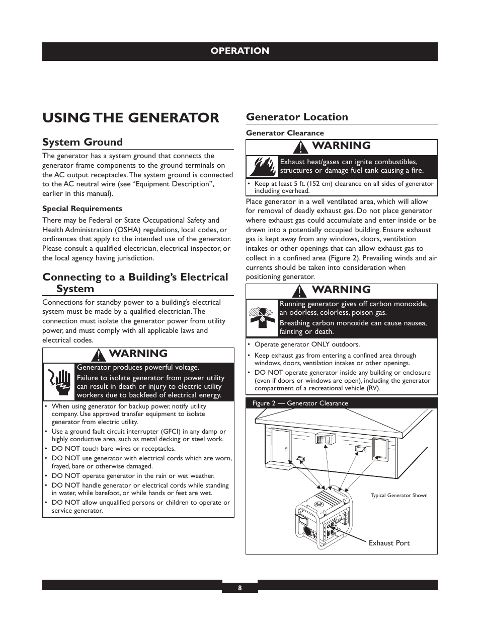 Using the generator, System ground, Connecting to a building’s electrical system | Generator location, Warning | Briggs & Stratton 30236 User Manual | Page 8 / 72