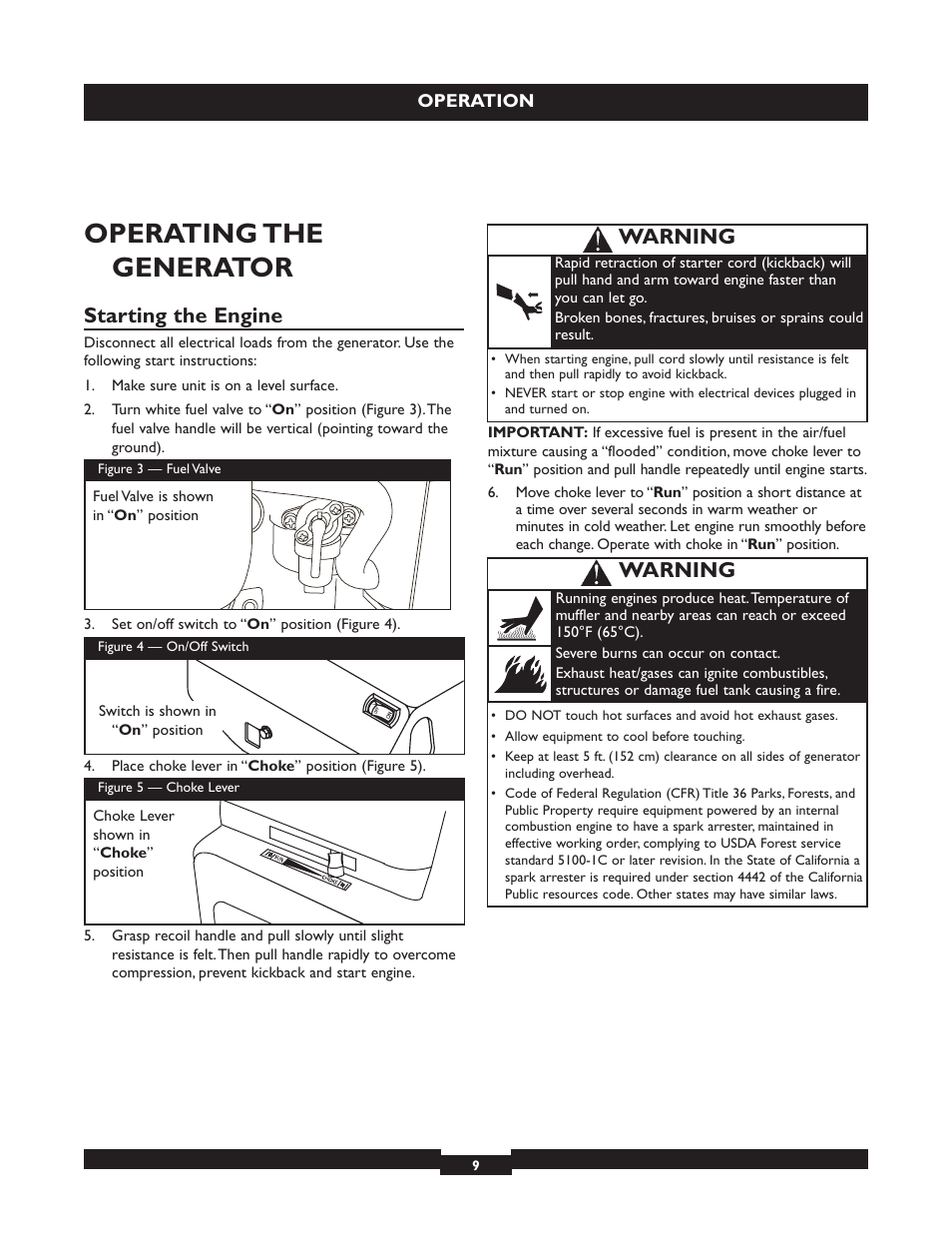 Operating the generator, Starting the engine, Warning | Briggs & Stratton 30236 User Manual | Page 9 / 72