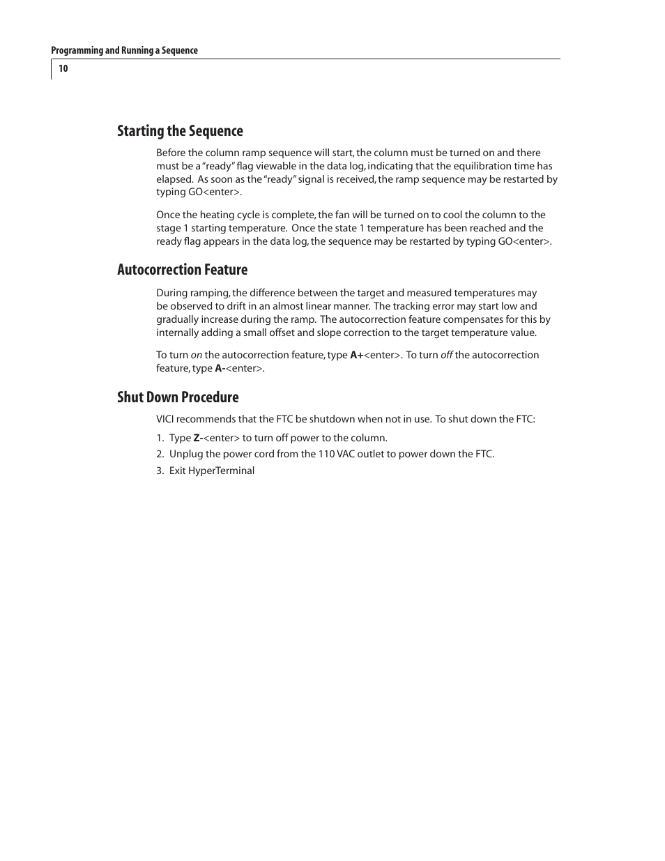 Starting the sequence, Autocorrection feature, Shut down procedure | VICI FTP User Manual | Page 14 / 18