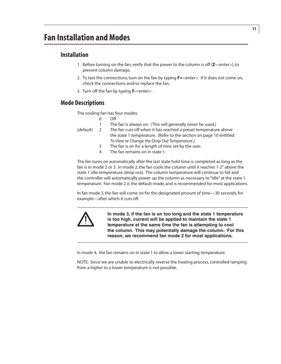 Fan installation and modes, Installation, Mode descriptions | VICI FTP User Manual | Page 15 / 18