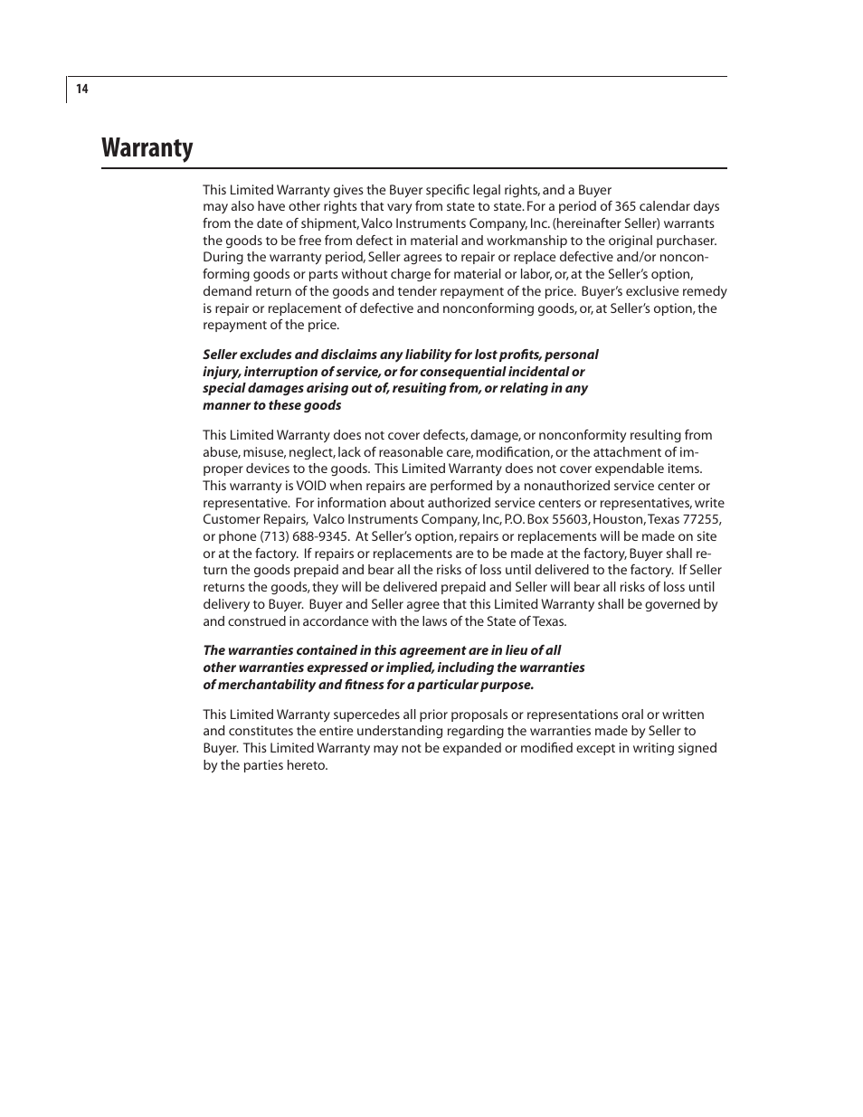 Warranty | VICI FTP User Manual | Page 18 / 18